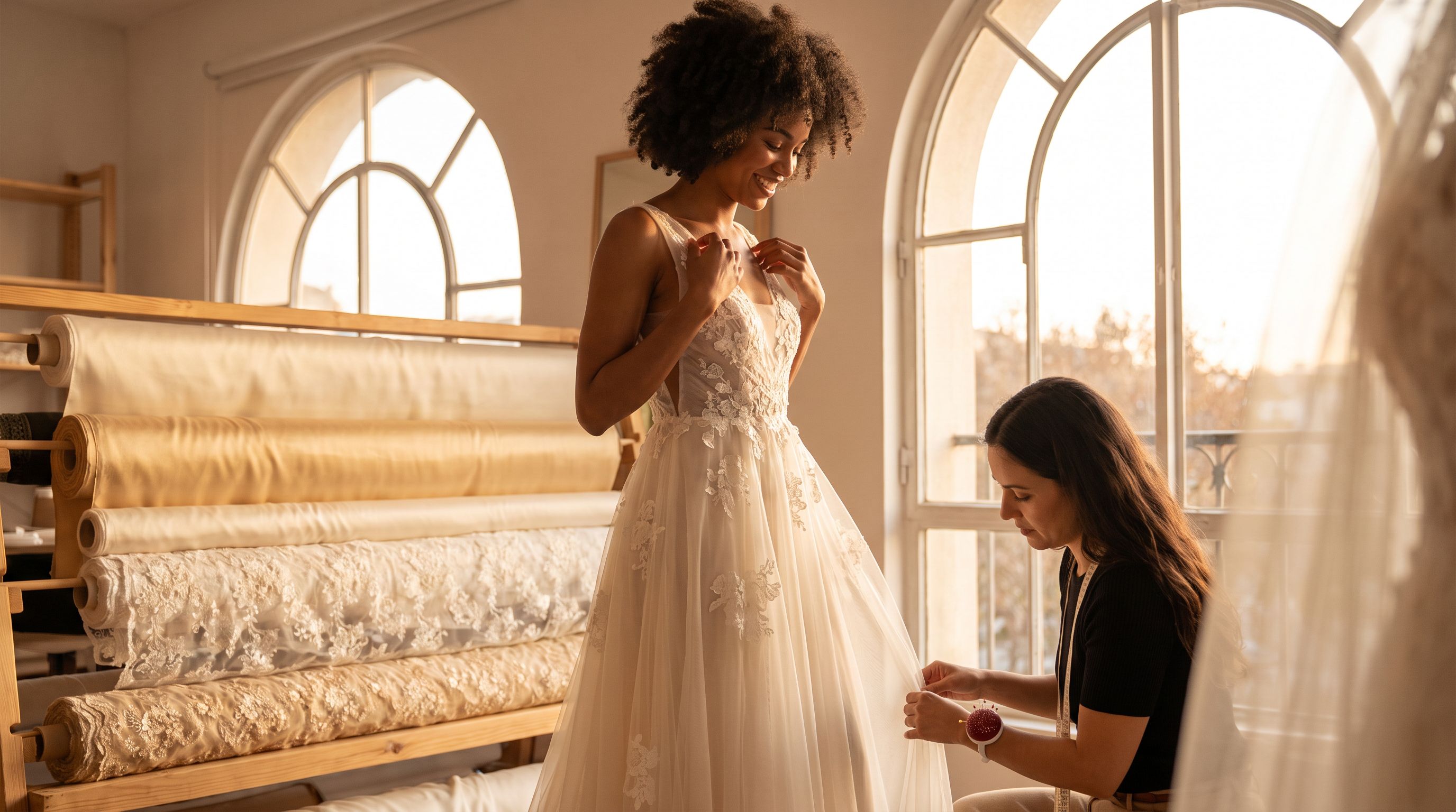 A bride at a fitting for her custom-made wedding gown